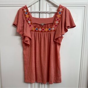 Pointelle Size Medium Peach Flutter Sleeve Square Neck Embroidered Flowy Blouse